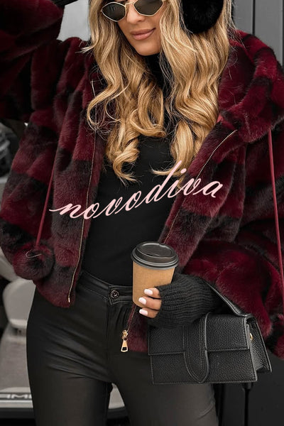 Winter Latte Gradient Print Ribbed Balloon Sleeve Hooded Loose Plush Coat