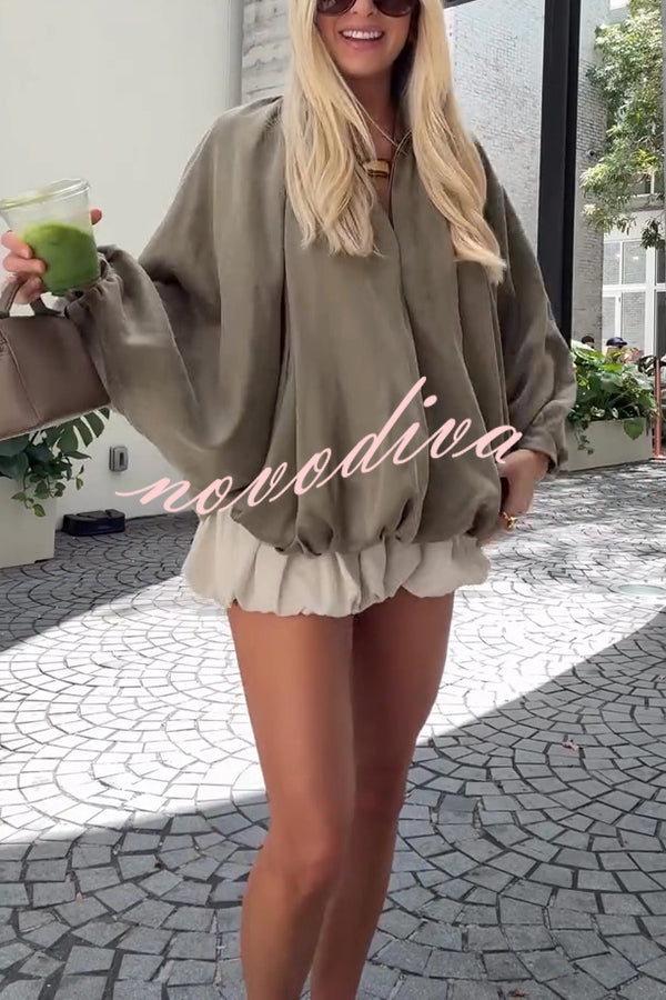 Fashion Lapel Loose Puff Long Sleeve Casual Zipper Jacket