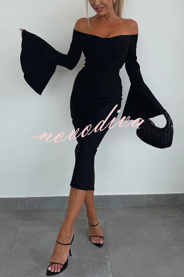 Solid Color Sexy Off-shoulder Trumpet Sleeve Slim Midi Dress