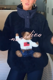 American Retro Polo Bear Pattern Stand Button Neck Long Sleeve Fleece Pullover