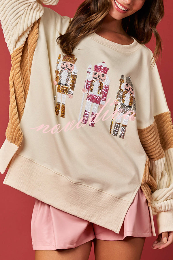 Christmas Nutcracker Sequined Patchwork Sleeve Color Block Sweatshirt