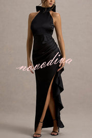 Maureen Satin High Neck Ruched Ruffle Slit Draped Maxi Dress