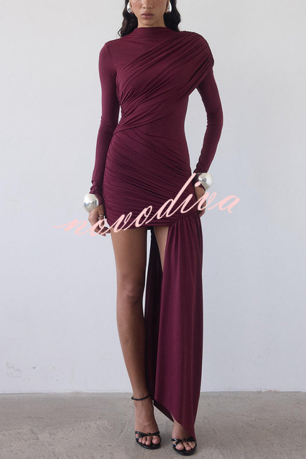 Solid Color Long-sleeved Pleated Slim-fit Elegant Ribbon Mini Dress