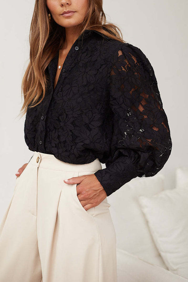 Sexy Hollow Lapel Casual Lace Shirt Top