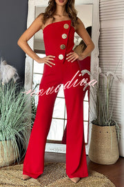 Solid Color Sexy Tube Top Gold Button Embellished Bootcut Jumpsuit