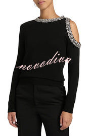Holiday Party Knit Crystal-Embellished Cut-out Shoulder Long Sleeve Top