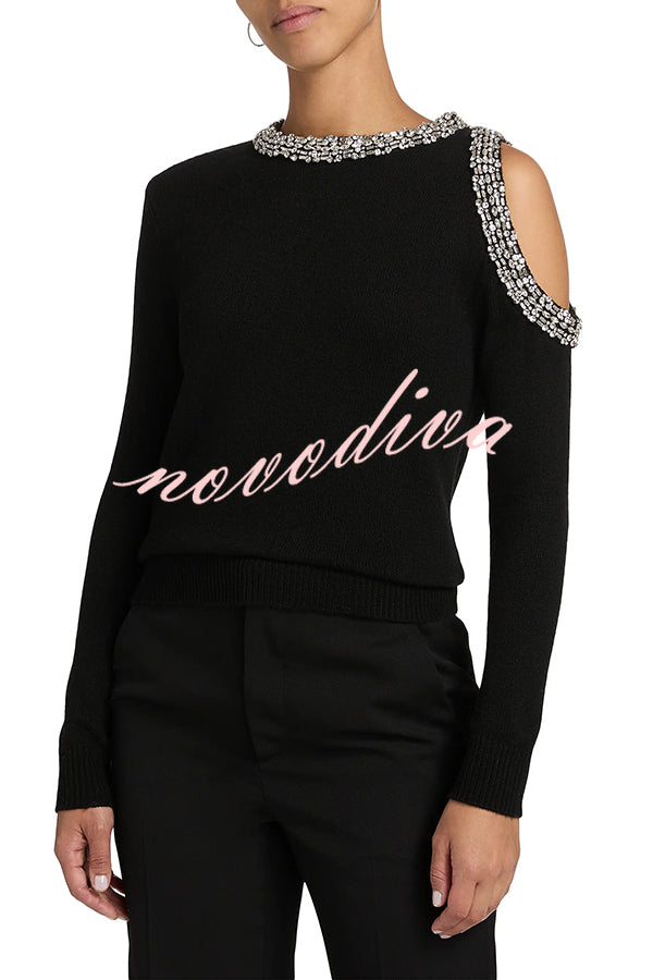 Holiday Party Knit Crystal-Embellished Cut-out Shoulder Long Sleeve Top