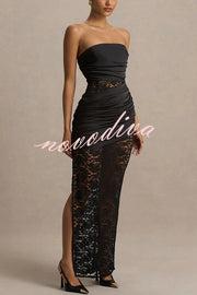 Dulcie Lace and Satin Patchwork Asymmetrical Pleats Bandeau Maxi Dress
