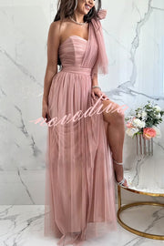 Feeling Galm Tulle Knotted One Shoulder Pleated Slit Maxi Dress