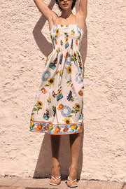 Summer Fruit Print Sling Pleated Vacation Midi Dress