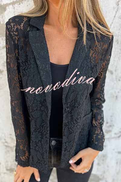 Fashion Lapel Long Sleeve Pocket Elegant Lace Jacket