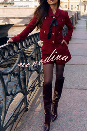 Sweet Dreams Tweed Bow Neck Button Long Sleeve Pocket Crop Jacket
