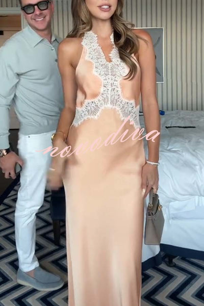 Anniversary Sweet Satin Lace Trim Halter Backless Maxi Dress