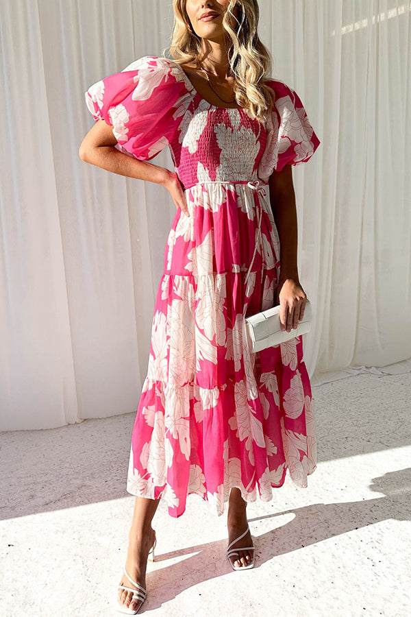 Unique Floral Print Patchwork Lace Up Pleated Maxi Dress