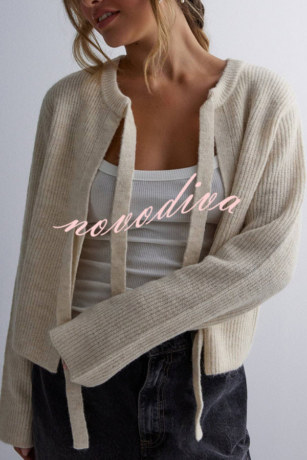 Solid Color Loose Long Sleeve Lace-up Knitted Cardigan