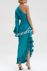 Elegant Satin One Shoulder Sleeve Pleated Ruffles Trim Ruched Asymmetrical Maxi Dress
