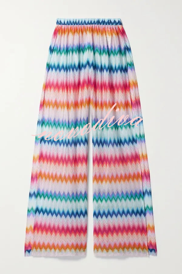 Colorful Zigzag Pattern Halter Neck Stretch Bikini and Elastic Waist Slit PantsThree-Piece Set