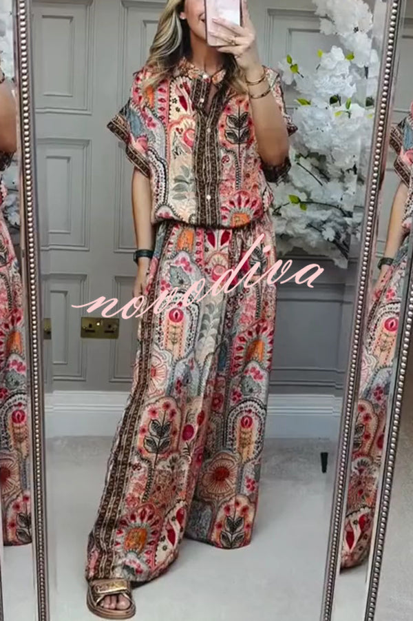 Unique Printed Loose Short-sleeved Top and Elastic Waist Casual Wide-leg Pants Set