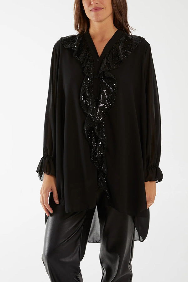 Solid Color Chiffon V-neck Long-sleeved Spliced sequin Casual Shirt