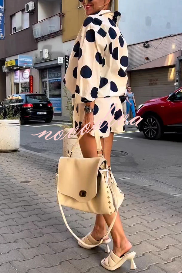 Giselle Linen Blend Polka Dot Print Lapel Long Sleeve Shirt and Elastic Waist Pocket Shorts Set