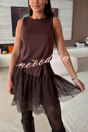 Upper East Chic Tulle Lace Tiered Hem Stretch Tank Midi Dress