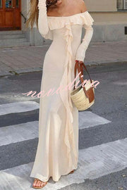 Darling Way Knit Off Shoulder Long Sleeve Drape Ruffles Slit Stretch Maxi Dress