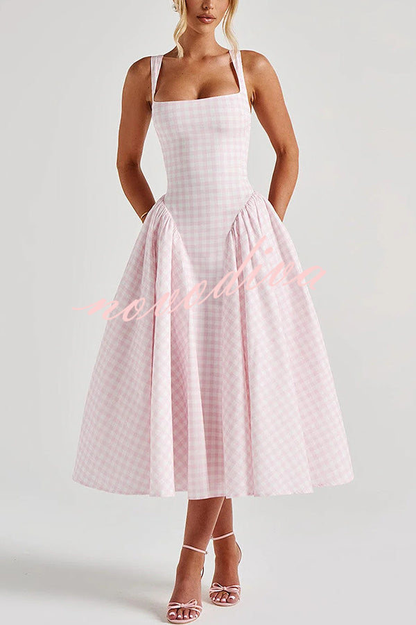 Playful Elf Gingham Square Neck Back Smocked Lace-up Midi Dress