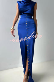 Solid Color Casual Sleeveless Crop Top and Elegant Button-down Maxi Skirt Set