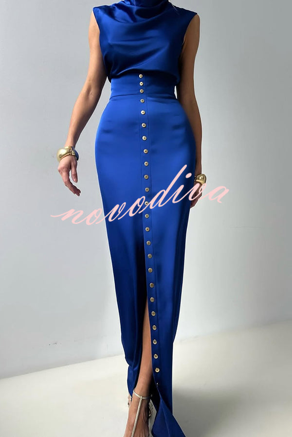 Solid Color Casual Sleeveless Crop Top and Elegant Button-down Maxi Skirt Set