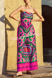 Ethnic Style Unique Print Tube Top and Elastic Waist Casual Pocket Wide Leg Pants Set