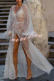 Fashionable Sequined Feather Long-sleeved Vacation Loose Extra-long Sun Protection Cover-up