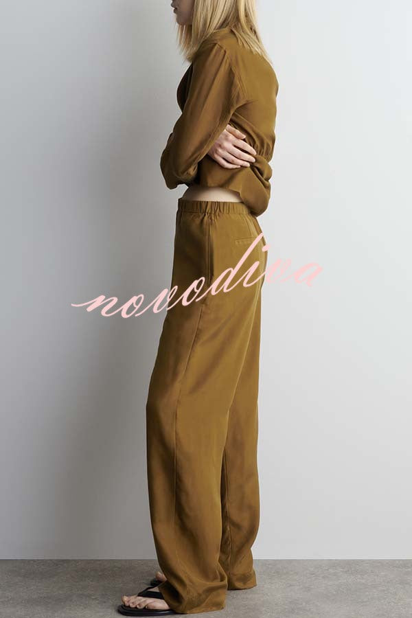 Bella Satin Drape Collar Single Button Casual Blazer and Elastic Waist Pocket Loose Pants Set