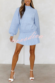 Solid Color Round Neck Puff Sleeve Loose Knit Sweater and Casual Striped Mini Skirt Set