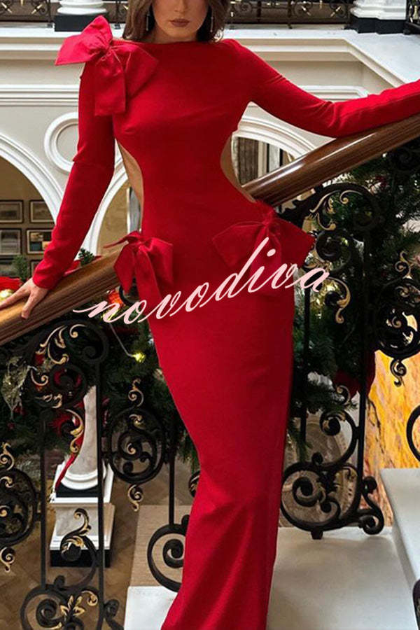 Lovely Bow Cutout Button Back Zipper Long Sleeve Maxi Dress