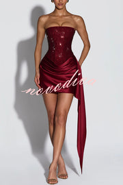 Party Entrance Sequin Corset Ruched Satin Ruffle Hem Strapless Mini Dress