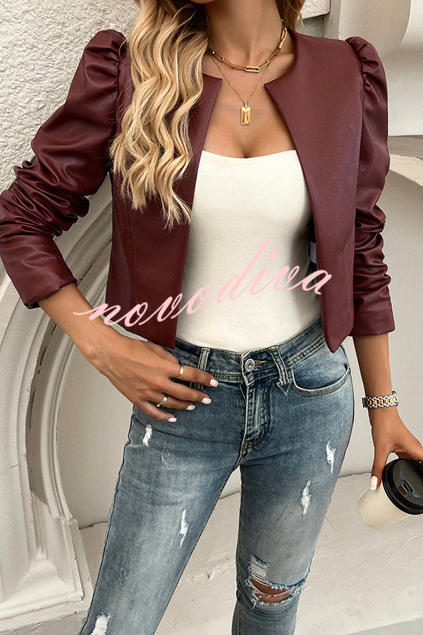 Yelissa Faux Leather Statement Long Sleeve Open Front Crop Jacket