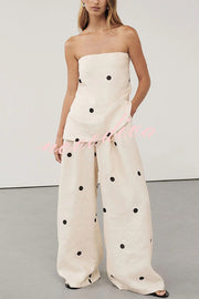 Linen Blend Polka Dot Bandeau Top and Elastic Waist Pocket Wide Leg Pants Set