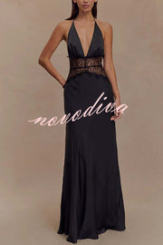 Seductive Details Satin Lace Waist Halter Tie-up Backless Maxi Dress
