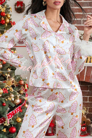 Christmas Print Feather Trim Elastic Waist Pocket Pajama Set