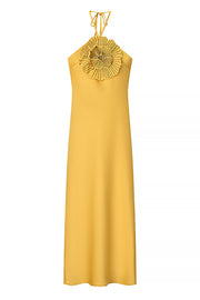 Fashionable Beaded Large Flower Decoration Halter Neck Backless Maxi Dress