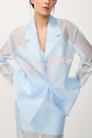Simple and Light See-through Fabric Tie-up Long Sleeve Pocket Lapel Blazer