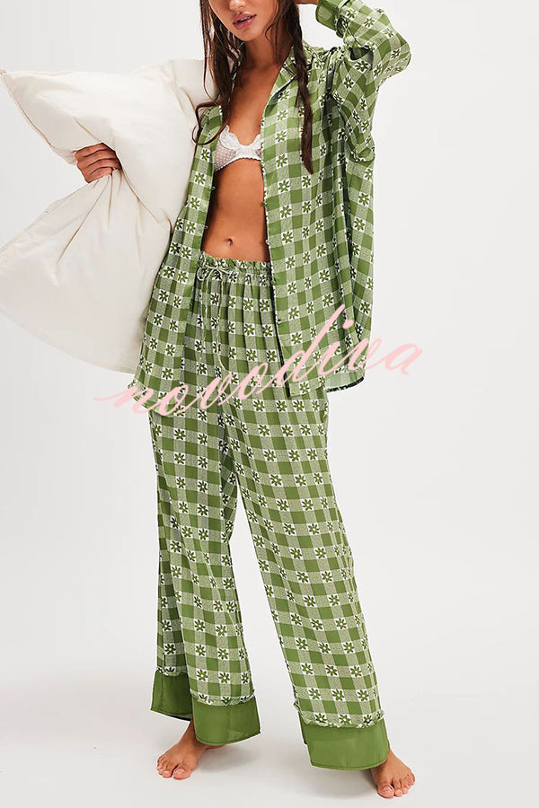 Unique Printed Lounge Long-sleeved Shirt and Elastic Waisted Baggy Pants Set