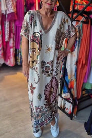 Fashion Printed V-neck Short-sleeved Casual Loose Maxi Dress