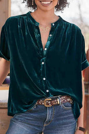 Velvet Solid Short Sleeve Round Neck Single Breasted Shirt