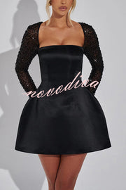 Like A Doll Sequin Long Sleeve Satin Pocketed Bubble Shape Mini Dress