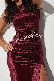 Solid Color Velvet Round Neck Sleeveless Slim Slit Maxi Dress