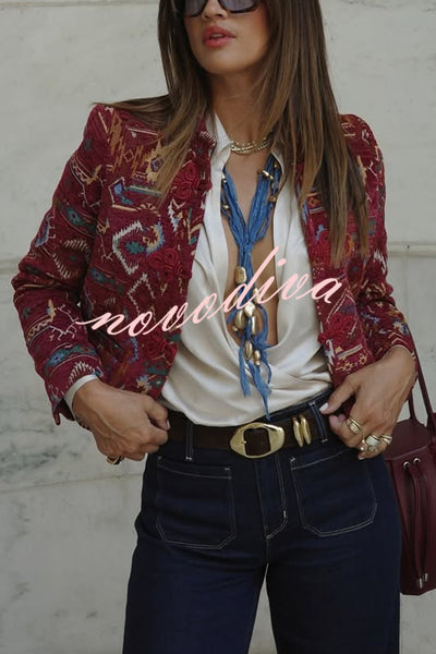 Vintage Bohemian Printed Chinese Style Buttons Long Sleeve Crop Jacket