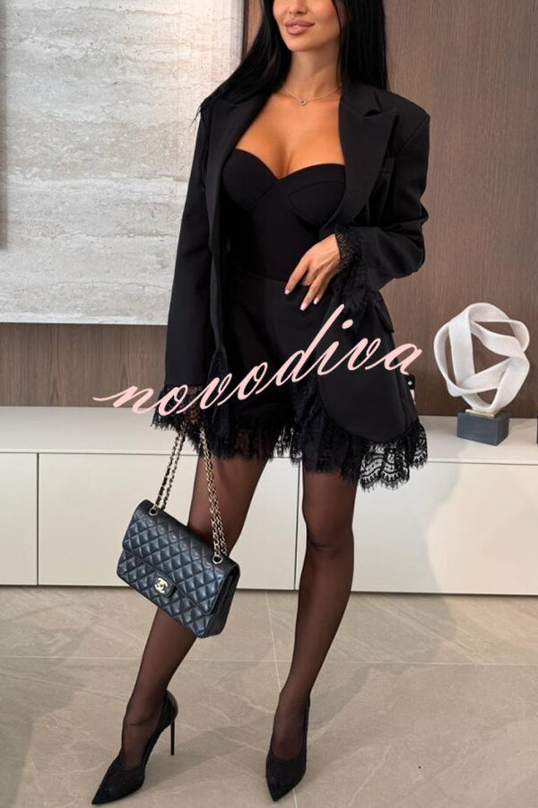 Amazing Items Lace Trim Button Up Long Sleeve Lapel Loose Blazer