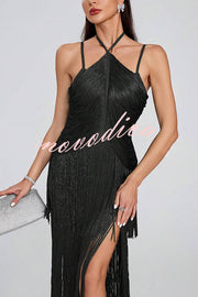 Sexy Halterneck Open Back Elegant Tassel Slim Maxi Dress