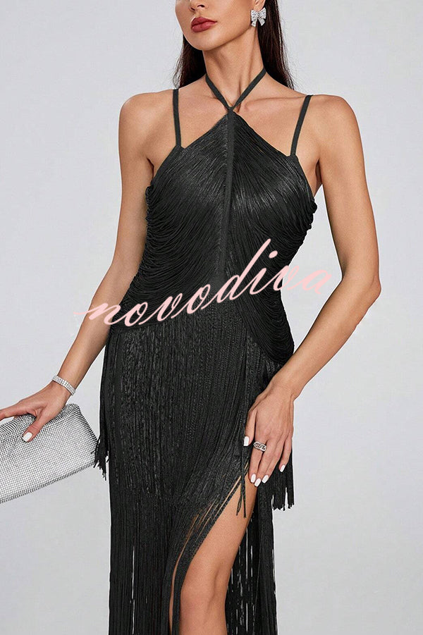 Sexy Halterneck Open Back Elegant Tassel Slim Maxi Dress